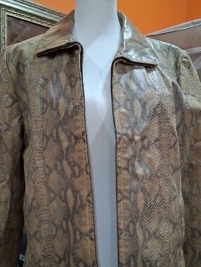 Snake-Print Zip-Front Leather Jacket in Tan